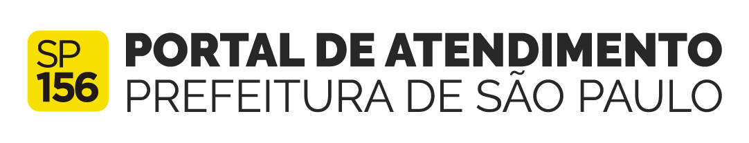A palavra SP156 em um quadrado de fundo amarelo a direita e Portal de Atendimento prefeitura de São Paulo a esquerda
